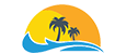 cartoon sun with two palm trees and waves underneath